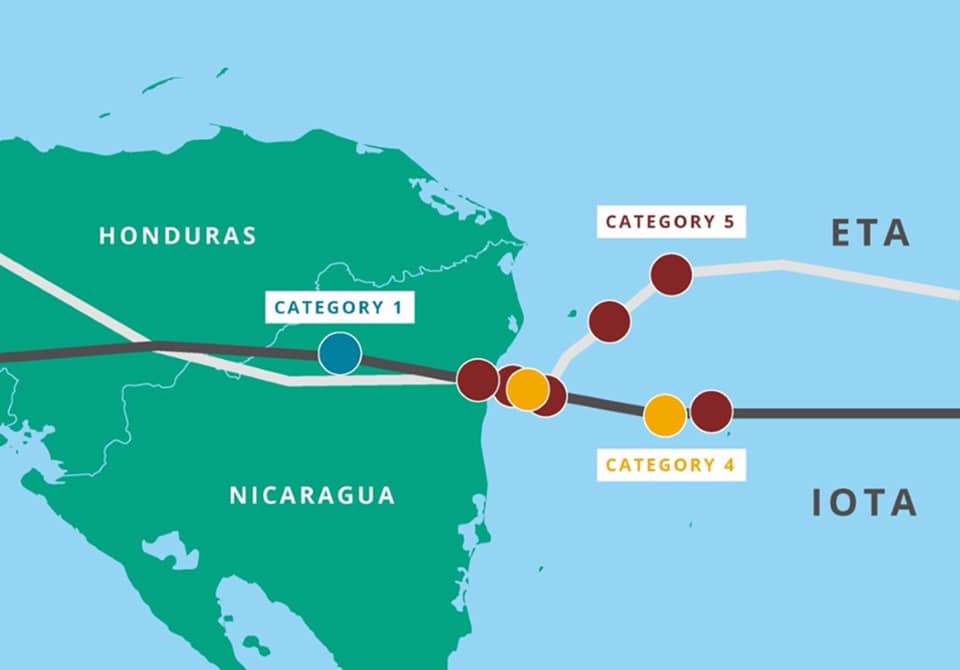Map of Hurricane Eta and Hurricane Iota's path international disaster relief